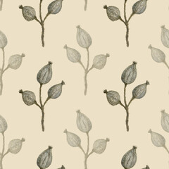 Dried flowers and plants hand drawn, seamless watercolor botanical pattern on light beige background