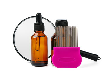 Cosmetic products, lice comb and magnifying glass isolated on white