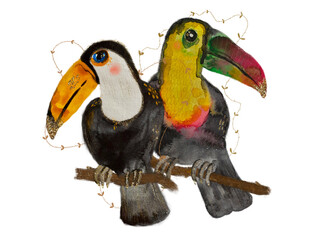 Set of two bright toucan birds perched on tree branches. Watercolor isolated clip art on a white background
