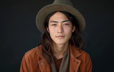 Fototapeta premium A genderfluid senior of Southeast Asian descent wearing a hat and showcasing long hair