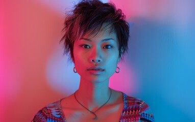 A genderfluid senior of Southeast Asian descent stands in front of a vibrant pink and blue background