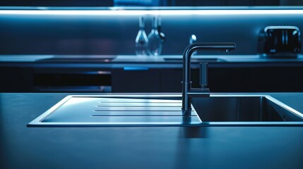 Obraz premium Close-up of luxurious kitchen corner sink design, isolated background, studio lighting highlighting sleek finish and space-saving design, ideal for small kitchens