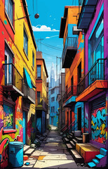 Naklejka premium a painting of a city street with colorful buildings