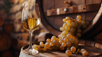 A glass of white wine with grapes on a barrel, Generative AI