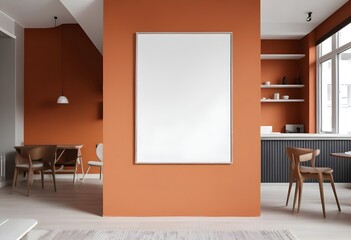 Modern cafe interior with tables, natural light, chairs, and a large blank poster on an orange wall, a concept of advertising space. 3D Rendering