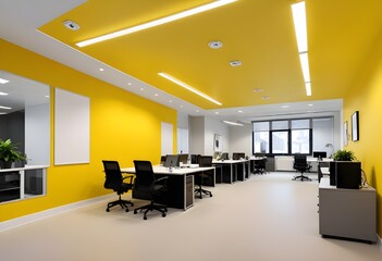 Interior  yellow office with a yellow wall and a yellow light