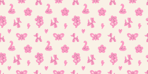 Balloon animals pattern seamless. inflatable flower and butterfly. Colorful glossy rubber toy. Birthday party festive y2k decor textile, wrapping paper, wallpaper design, print for fabric vector
