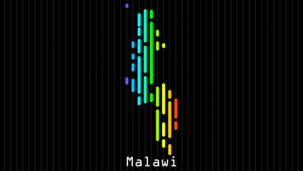 A map of Malawi is presented in the form of colorful vertical lines against a dark background. The country's borders are depicted in the shape of a rainbow-colored diagram.