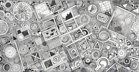 a black and white drawing of a bunch of objects