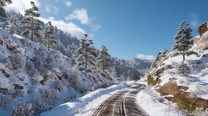 A narrow mountain road meandering through a snowy landscape, with snow-covered pine trees and a clear blue sky overhead. 32k, full ultra hd, high resolution