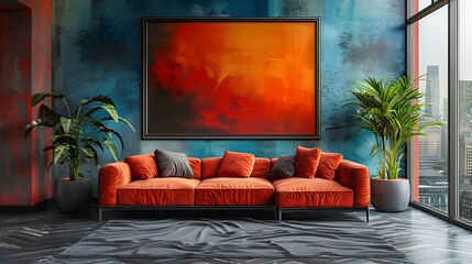Modern living room interior with vibrant orange sofa and large abstract painting on the wall, overlooking a city view through floor-to-ceiling windows. 