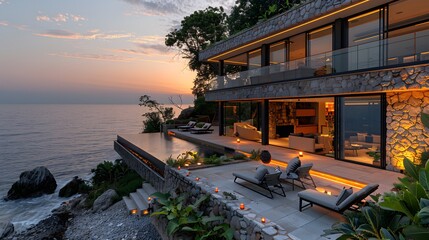 Luxury oceanfront house with illuminated interior and exterior at sunset offering a serene view of the coastline. 