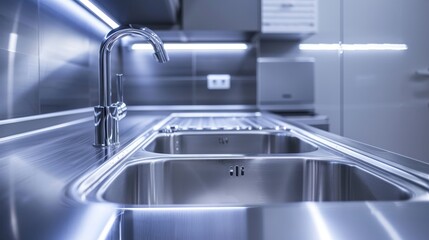 Close-up of a stylish stainless steel sink, isolated white background, studio lighting capturing its sleek design and easy-to-clean surface, ideal for luxury kitchen ads