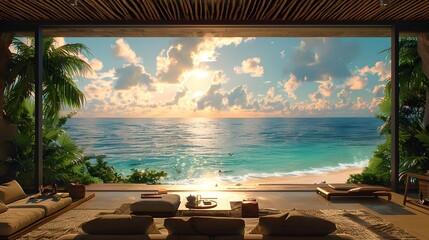 Luxurious beachfront living room with panoramic ocean view at sunset with modern furniture and tropical vibes 