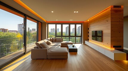 Modern living room with large windows offering a city view and warm interior lighting, perfect for real estate listings or architectural design inspirations. 