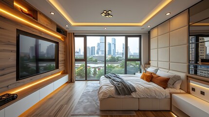 Modern and elegant bedroom interior with a city view through large windows and warm lighting accents 