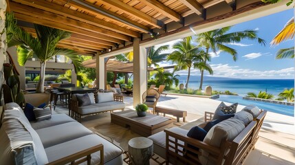 Fototapeta premium Luxurious beachfront patio with elegant furniture and stunning ocean view under a clear blue sky.