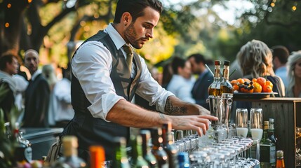 Bartender Working at a Private Event: At a private event, a bartender sets up a portable bar, serving a variety of beverages to guests and maintaining a lively atmosphere throughout the evening 
