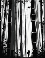 a black and white photo of a person holding an umbrella in a bamboo forest