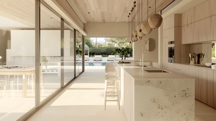 Modern kitchen interior with open plan design overlooking a pool and garden area 