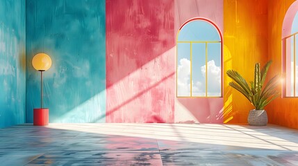A colorful indoor scene with sunlit walls in shades of blue, pink, and orange, featuring a stylish lamp and plant by a window with a view of the sky 