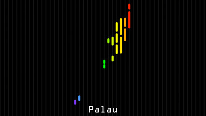 A map of Palau is presented in the form of colorful vertical lines against a dark background. The country's borders are depicted in the shape of a rainbow-colored diagram.