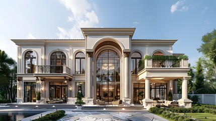 Luxurious modern villa with swimming pool and elegant facade during sunset.