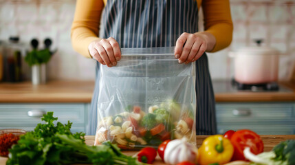 happy young woman holding sealed plastic bag for storing frozen food (chicken soup, noodles, vegetables) in the kitchen, vegetables for cooking soup on the table