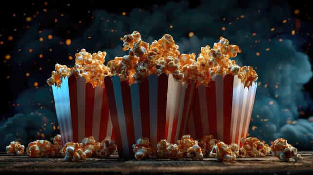 Three red and white striped containers filled with popcorn on a rustic table, set against a dark background with scattered popcorn pieces.