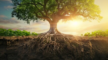A strong tree with deep roots, its branches reaching upwards, symbolizing a steadfast and nurturing leader