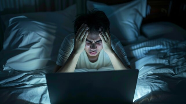 A man is sitting on a bed with a laptop in front of him