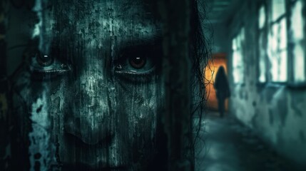 Completely Haunted A face in shadows with eyes wide open, ghostly figures faintly visible close up, focus on eyes fear surreal, Multilayer, abandoned house