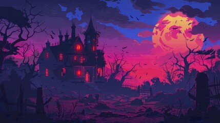 completely haunted flat design side view horror cartoon drawing Analogous Color Scheme