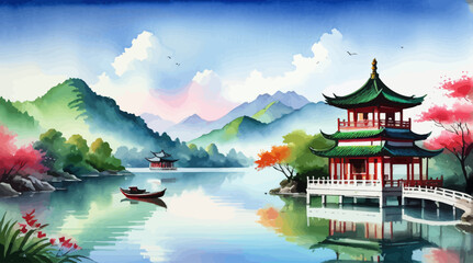a painting of a chinese landscape with a boat in the water
