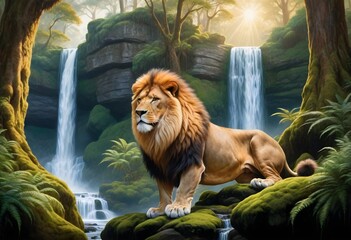 lion sitting by waterfall (153)