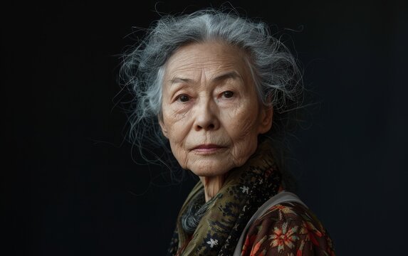 An elderly East Asian woman with grey hair wearing a scarf - Powered by Adobe