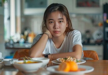 An Asian young woman practicing intermittent fasting experiences a stomach ache and struggles with hunger while eyeing breakfast food and checking her watch to see if it's time to eat.