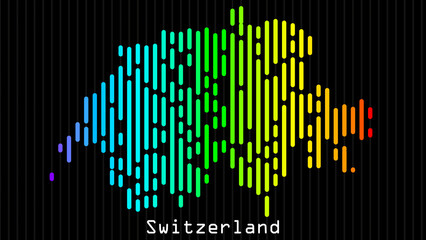 A map of Switzerland is presented in the form of colorful vertical lines against a dark background. The country's borders are depicted in the shape of a rainbow-colored diagram.