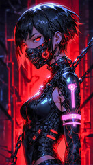 Portrait of an anime style cyberpunk female ninja warrior on a dark moody and atmospheric background