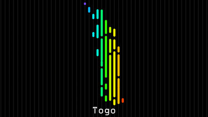 A map of Togo is presented in the form of colorful vertical lines against a dark background. The country's borders are depicted in the shape of a rainbow-colored diagram.