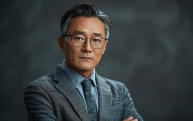 Fototapeta premium A middle-aged East Asian trans man in a suit and tie standing with his arms crossed