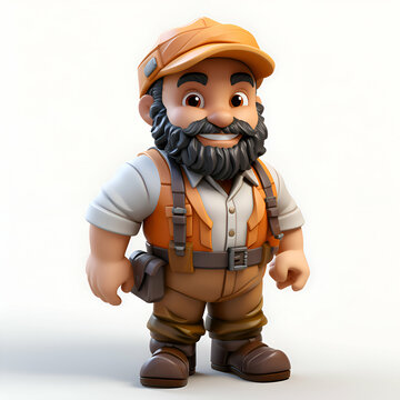 3D Render of a cartoon safari hunter with hat and backpack