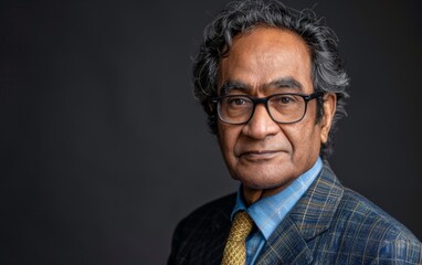 Obraz premium A middle-aged trans male of South Asian descent wearing a checkered suit and yellow tie poses confidently against a dark gray background