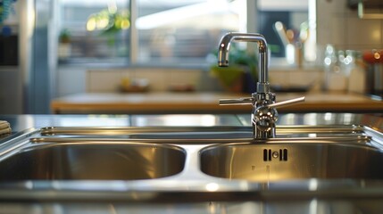Close-up of a stainless steel sink in a vintage kitchen setting, highlighting durability and modern design, isolated background with studio lighting, ideal for advertising