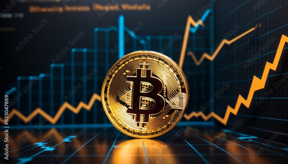 Poster a prominent bitcoin coin against a backdrop of rising graphs showcases the dynamic nature of cryptoc