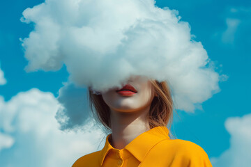 Conceptual photo of a woman in a yellow shirt with her head in a cloud, against a blue sky.