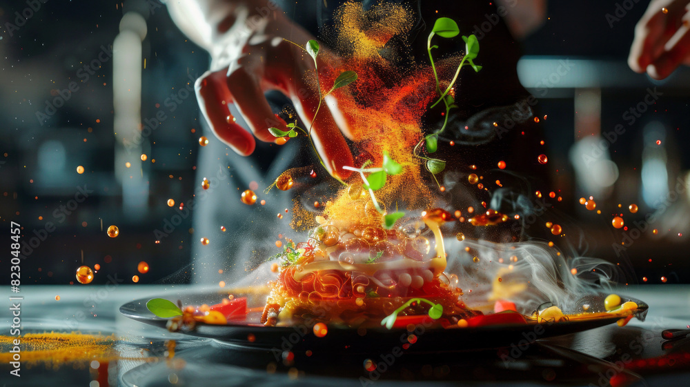 Wall mural chef preparing a molecular cuisine dish for a client in a restaurant, mind-blowing cuisine,generativ