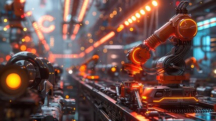 AIpowered industrial robots, assembly line, glowing data streams, vibrant colors, photorealistic, machine learning,