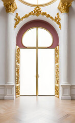 The white wall is decorated with golden baroque details and arched doors and windows. Floor to ceiling windows