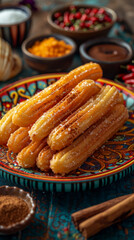 Colorful churros on vibrant Mexican pottery, suitable for cultural themes. Trendy Mexican food.